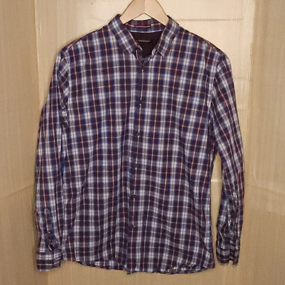 Banana Republic Mens Red White Blue Plaid Button Down Large